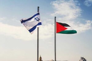 Flags,Of,Palestine,And,Israel,Against,Sky,And,Old,Jerusalem.