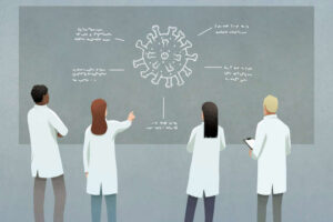 Scientists discussing COVID-19 coronavirus diagram