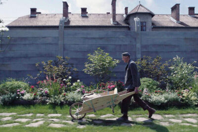 A man with a wheelbarrow walks in a garden alongside a grey concrete wall that seperates the garden from an Auschwitz concentration camp.