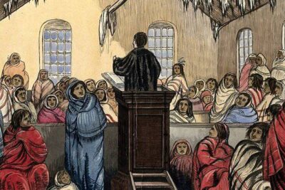 Red River Settlement, Canada: a Christian missionary preaching to native North Americans. Watercolour attributed to an unidentified person called 'The Empire Traveller', ca. 1860.More: Original public domain image from <a href="https://wellcomecollection.org/works/eyeg9kc2/images?id=zwfusr5q" target="_blank" rel="noopener noreferrer nofollow">Wellcome Collection</a>