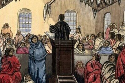 Red River Settlement, Canada: a Christian missionary preaching to native North Americans. Watercolour attributed to an unidentified person called 'The Empire Traveller', ca. 1860.

More:

 Original public domain image from <a href="https://wellcomecollection.org/works/eyeg9kc2/images?id=zwfusr5q" target="_blank" rel="noopener noreferrer nofollow">Wellcome Collection</a>