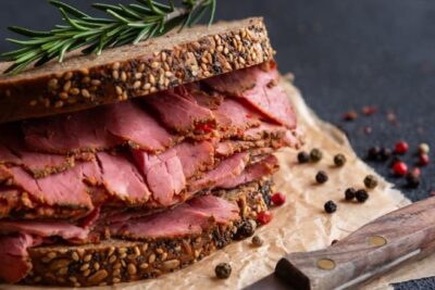 Pastrami,Sandwitch,,Sliced,Pastrami,Meat,With,Bread.