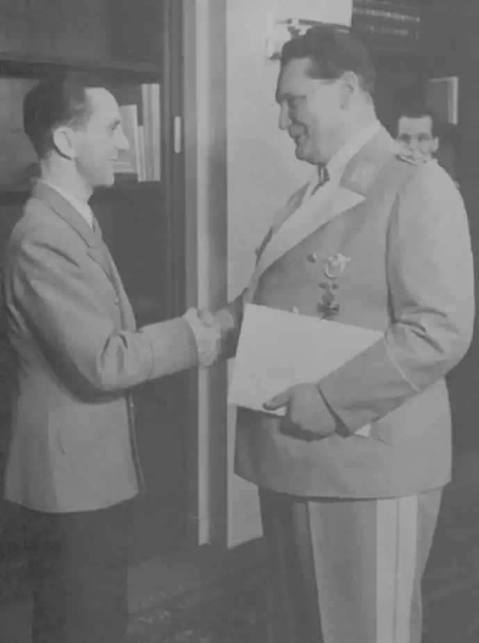 Joseph Goebbels blamed Hermann Goring and his Luftwaffe for losing the war, they hated each other. Picture is Goebbels shaking hands with 2nd in command of Nazi Germany, Hermann Goring, in 1941. Excerpts from Goebbels’s diary below
